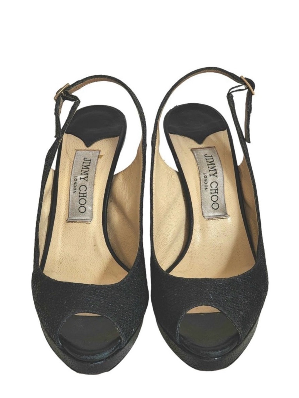 JIMMY CHOO Nova Black Glitter Peep Toe Slingback Sandals Heels US 9.5  IT39.5 - Picture 3 of 8